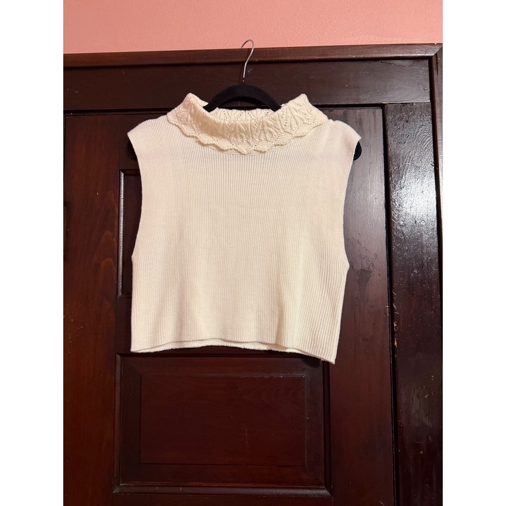 Bechamel Woman Ivory Knit Sweater Vest Lace Mock Neck Sleeveless Cropped Top OS